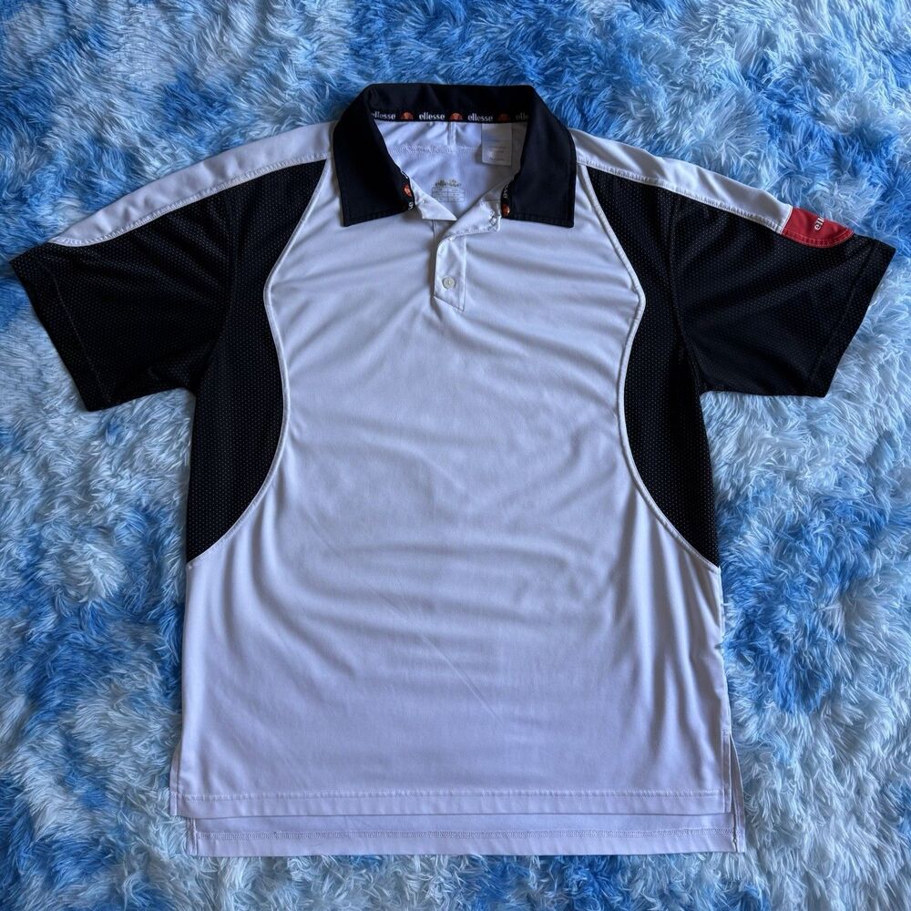 Ellesse White Black Mesh Panel Polo Shirt Size L Vintage